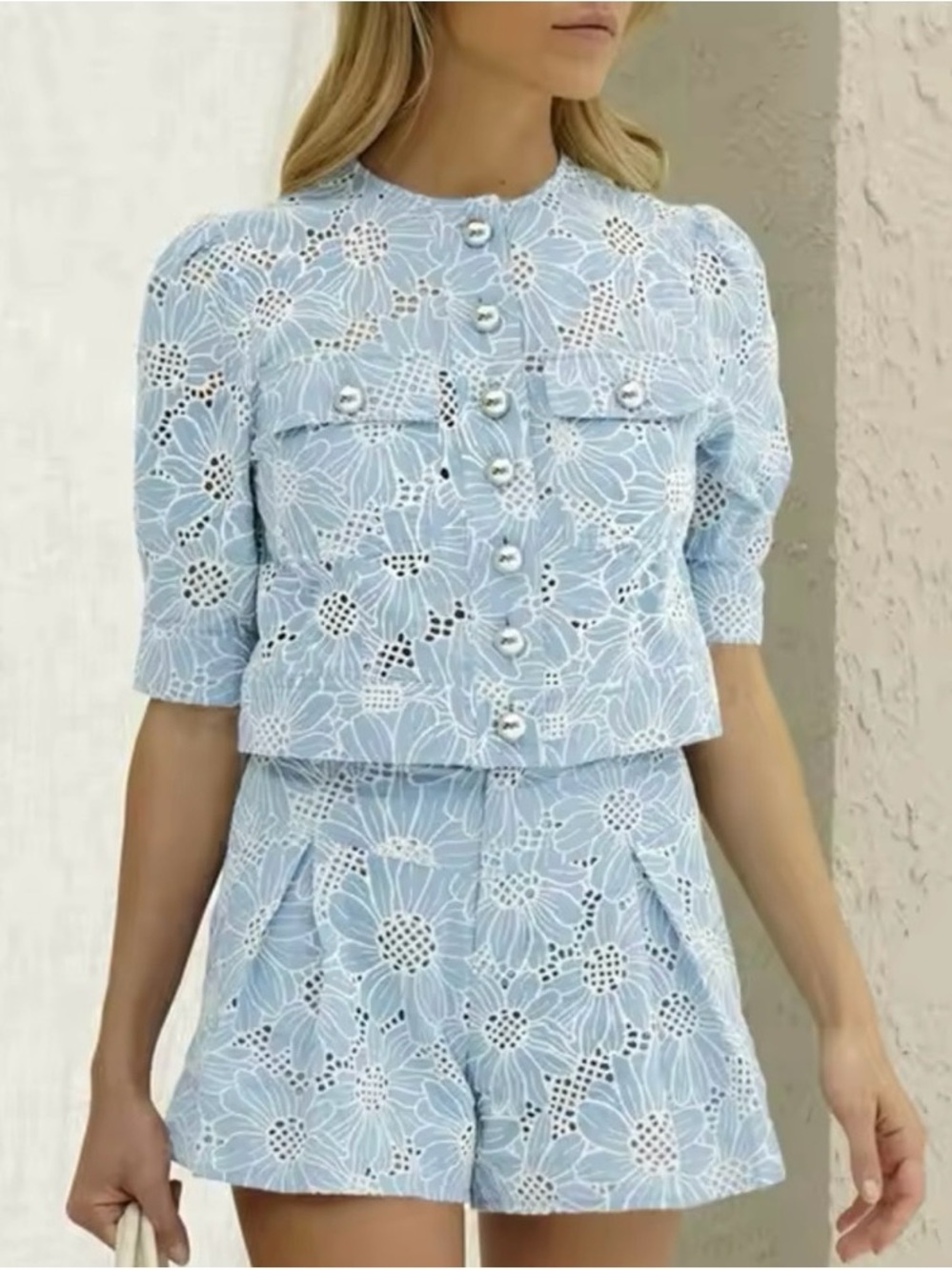 Light Blue Eyelet Floral Short Jumpsuit Set